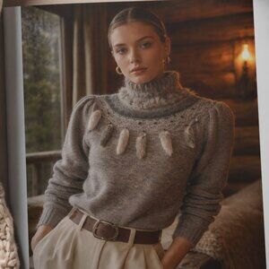 Vintage 90s Southwestern Rabbit Fur Beaded Turtleneck Sweater Aspen Lodge Size M